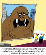Illustration of a big, angrey, gorilla peering in a window at 2 executives. One executive sees the gorilla as a marketing opportunity by placing a t-shirt on him with the company's web address.
