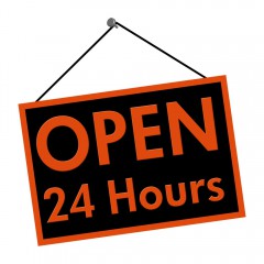 Door Sign that says "Open 24 Hours"