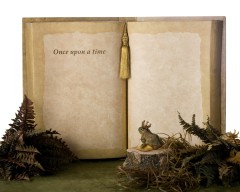 A "prince frog" looking on an over-sized book that says, "Once Upon A Time."